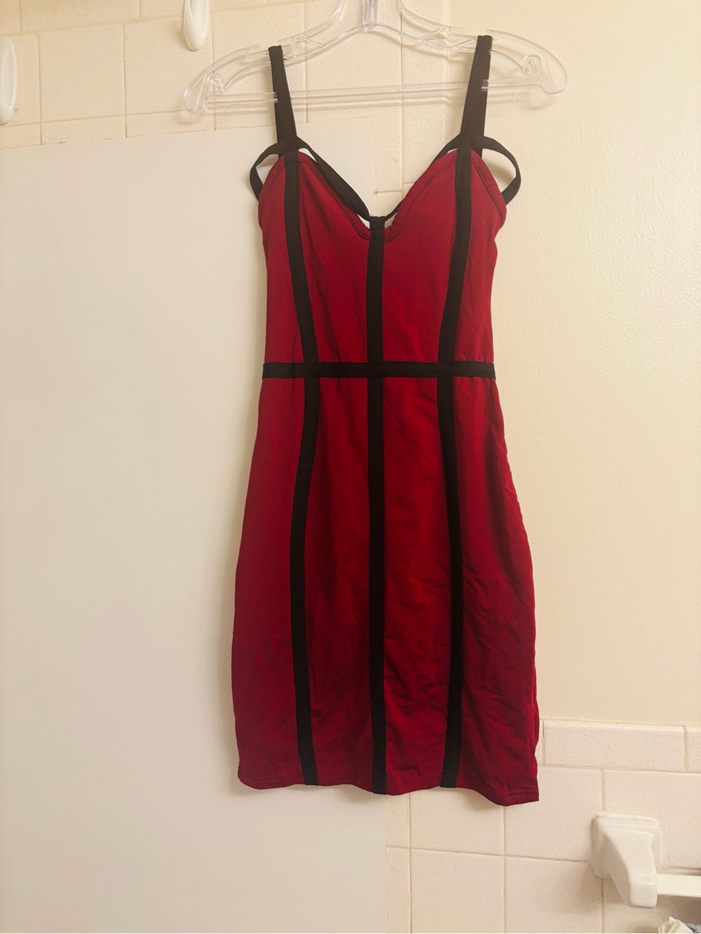 Red Mini Bodycon Dress with Black Trim - Women's